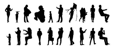 Vektör siluetleri, insanların ana hatları, Contour çizimleri, insanların siluetleri, ikon kümesi izole edilmiş, oturan insanların silueti, mimari set