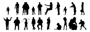 Vektör siluetleri, insanların ana hatları, Contour çizimleri, insanların siluetleri, ikon kümesi izole edilmiş, oturan insanların silueti, mimari set