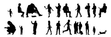 Vektör siluetleri, insanların ana hatları, Contour çizimleri, insanların siluetleri, ikon kümesi izole edilmiş, oturan insanların silueti, mimari set