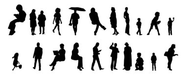 Vektör siluetleri, insanların ana hatları, Contour çizimleri, insanların siluetleri, ikon kümesi izole edilmiş, oturan insanların silueti, mimari set