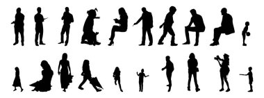 Vektör siluetleri, insanların ana hatları, Contour çizimleri, insanların siluetleri, ikon kümesi izole edilmiş, oturan insanların silueti, mimari set