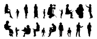 Vektör siluetleri, insanların ana hatları, Contour çizimleri, insanların siluetleri, ikon kümesi izole edilmiş, oturan insanların silueti, mimari set