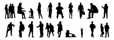 Vektör siluetleri, insanların ana hatları, Contour çizimleri, insanların siluetleri, ikon kümesi izole edilmiş, oturan insanların silueti, mimari set