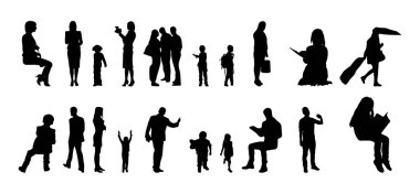 Vektör siluetleri, insanların ana hatları, Contour çizimleri, insanların siluetleri, ikon kümesi izole edilmiş, oturan insanların silueti, mimari set