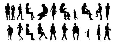 Vektör siluetleri, insanların ana hatları, Contour çizimleri, insanların siluetleri, ikon kümesi izole edilmiş, oturan insanların silueti, mimari set