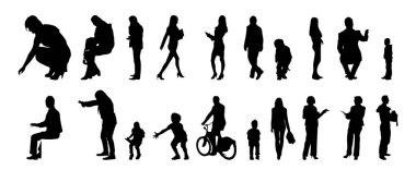 Vektör siluetleri, insanların ana hatları, Contour çizimleri, insanların siluetleri, ikon kümesi izole edilmiş, oturan insanların silueti, mimari set