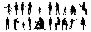 Vektör siluetleri, insanların ana hatları, Contour çizimleri, insanların siluetleri, ikon kümesi izole edilmiş, oturan insanların silueti, mimari set