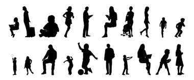 Vektör siluetleri, insanların ana hatları, Contour çizimleri, insanların siluetleri, ikon kümesi izole edilmiş, oturan insanların silueti, mimari set