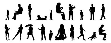 Vektör siluetleri, insanların ana hatları, Contour çizimleri, insanların siluetleri, ikon kümesi izole edilmiş, oturan insanların silueti, mimari set