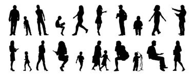 Vektör siluetleri, insanların ana hatları, Contour çizimleri, insanların siluetleri, ikon kümesi izole edilmiş, oturan insanların silueti, mimari set