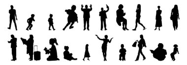 Vektör siluetleri, insanların ana hatları, Contour çizimleri, insanların siluetleri, ikon kümesi izole edilmiş, oturan insanların silueti, mimari set