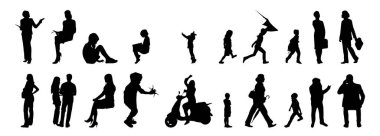 Vektör siluetleri, insanların ana hatları, Contour çizimleri, insanların siluetleri, ikon kümesi izole edilmiş, oturan insanların silueti, mimari set