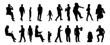 Vektör siluetleri, insanların ana hatları, Contour çizimleri, insanların siluetleri, ikon kümesi izole edilmiş, oturan insanların silueti, mimari set
