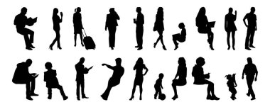 Vektör siluetleri, insanların ana hatları, Contour çizimleri, insanların siluetleri, ikon kümesi izole edilmiş, oturan insanların silueti, mimari set