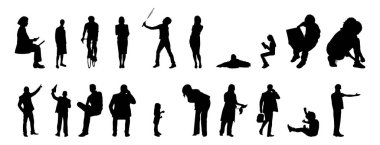 Vektör siluetleri, insanların ana hatları, Contour çizimleri, insanların siluetleri, ikon kümesi izole edilmiş, oturan insanların silueti, mimari set