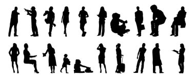 Vektör siluetleri, insanların ana hatları, Contour çizimleri, insanların siluetleri, ikon kümesi izole edilmiş, oturan insanların silueti, mimari set