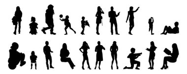 Vektör siluetleri, insanların ana hatları, Contour çizimleri, insanların siluetleri, ikon kümesi izole edilmiş, oturan insanların silueti, mimari set