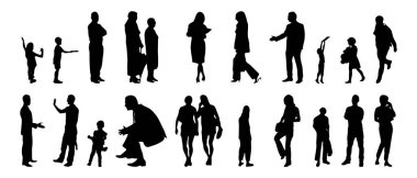 Vektör siluetleri, insanların ana hatları, Contour çizimleri, insanların siluetleri, ikon kümesi izole edilmiş, oturan insanların silueti, mimari set