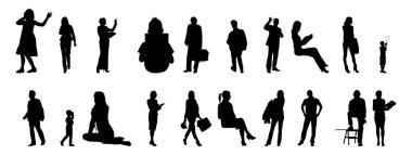 Vektör siluetleri, insanların ana hatları, Contour çizimleri, insanların siluetleri, ikon kümesi izole edilmiş, oturan insanların silueti, mimari set