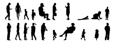 Vektör siluetleri, insanların ana hatları, Contour çizimleri, insanların siluetleri, ikon kümesi izole edilmiş, oturan insanların silueti, mimari set