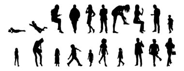 Vektör siluetleri, insanların ana hatları, Contour çizimleri, insanların siluetleri, ikon kümesi izole edilmiş, oturan insanların silueti, mimari set