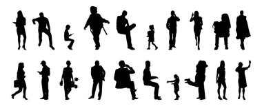 Vektör siluetleri, insanların ana hatları, Contour çizimleri, insanların siluetleri, ikon kümesi izole edilmiş, oturan insanların silueti, mimari set