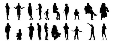 Vektör siluetleri, insanların ana hatları, Contour çizimleri, insanların siluetleri, ikon kümesi izole edilmiş, oturan insanların silueti, mimari set