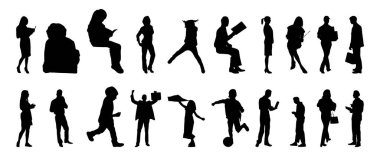 Vektör siluetleri, insanların ana hatları, Contour çizimleri, insanların siluetleri, ikon kümesi izole edilmiş, oturan insanların silueti, mimari set