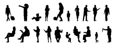 Vektör siluetleri, insanların ana hatları, Contour çizimleri, insanların siluetleri, ikon kümesi izole edilmiş, oturan insanların silueti, mimari set