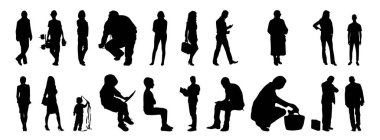 Vektör siluetleri, insanların ana hatları, Contour çizimleri, insanların siluetleri, ikon kümesi izole edilmiş, oturan insanların silueti, mimari set