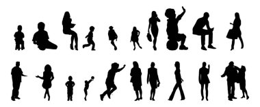 Vektör siluetleri, insanların ana hatları, Contour çizimleri, insanların siluetleri, ikon kümesi izole edilmiş, oturan insanların silueti, mimari set