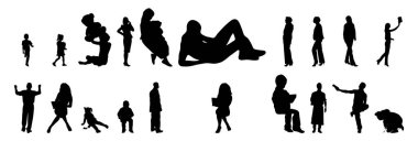 Vektör siluetleri, insanların ana hatları, Contour çizimleri, insanların siluetleri, ikon kümesi izole edilmiş, oturan insanların silueti, mimari set