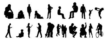 Vektör siluetleri, insanların ana hatları, Contour çizimleri, insanların siluetleri, ikon kümesi izole edilmiş, oturan insanların silueti, mimari set