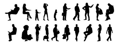 Vektör siluetleri, insanların ana hatları, Contour çizimleri, insanların siluetleri, ikon kümesi izole edilmiş, oturan insanların silueti, mimari set