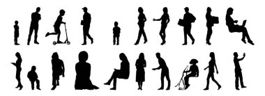 Vektör siluetleri, insanların ana hatları, Contour çizimleri, insanların siluetleri, ikon kümesi izole edilmiş, oturan insanların silueti, mimari set