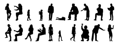 Vektör siluetleri, insanların ana hatları, Contour çizimleri, insanların siluetleri, ikon kümesi izole edilmiş, oturan insanların silueti, mimari set