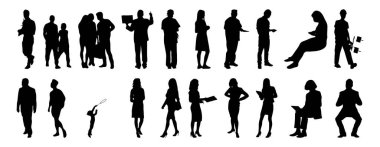 Vektör siluetleri, insanların ana hatları, Contour çizimleri, insanların siluetleri, ikon kümesi izole edilmiş, oturan insanların silueti, mimari set