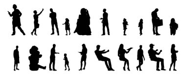 Vektör siluetleri, insanların ana hatları, Contour çizimleri, insanların siluetleri, ikon kümesi izole edilmiş, oturan insanların silueti, mimari set