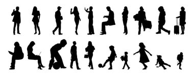 Vektör siluetleri, insanların ana hatları, Contour çizimleri, insanların siluetleri, ikon kümesi izole edilmiş, oturan insanların silueti, mimari set