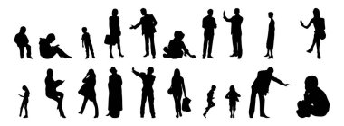 Vektör siluetleri, insanların ana hatları, Contour çizimleri, insanların siluetleri, ikon kümesi izole edilmiş, oturan insanların silueti, mimari set