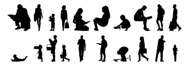 Vektör siluetleri, insanların ana hatları, Contour çizimleri, insanların siluetleri, ikon kümesi izole edilmiş, oturan insanların silueti, mimari set