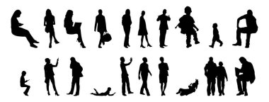 Vektör siluetleri, insanların ana hatları, Contour çizimleri, insanların siluetleri, ikon kümesi izole edilmiş, oturan insanların silueti, mimari set