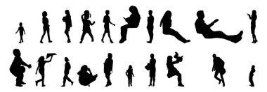 Vektör siluetleri, insanların ana hatları, Contour çizimleri, insanların siluetleri, ikon kümesi izole edilmiş, oturan insanların silueti, mimari set