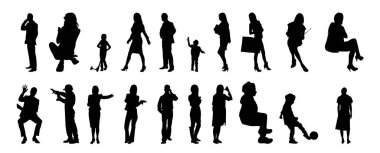 Vektör siluetleri, insanların ana hatları, Contour çizimleri, insanların siluetleri, ikon kümesi izole edilmiş, oturan insanların silueti, mimari set