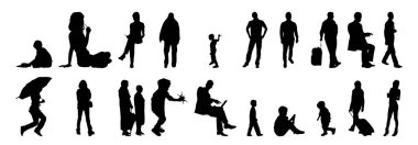 Vektör siluetleri, insanların ana hatları, Contour çizimleri, insanların siluetleri, ikon kümesi izole edilmiş, oturan insanların silueti, mimari set