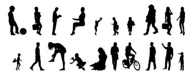 Vektör siluetleri, insanların ana hatları, Contour çizimleri, insanların siluetleri, ikon kümesi izole edilmiş, oturan insanların silueti, mimari set