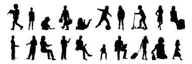 Vektör siluetleri, insanların ana hatları, Contour çizimleri, insanların siluetleri, ikon kümesi izole edilmiş, oturan insanların silueti, mimari set