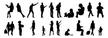 Vektör siluetleri, insanların ana hatları, Contour çizimleri, insanların siluetleri, ikon kümesi izole edilmiş, oturan insanların silueti, mimari set