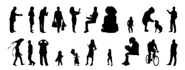 Vektör siluetleri, insanların ana hatları, Contour çizimleri, insanların siluetleri, ikon kümesi izole edilmiş, oturan insanların silueti, mimari set