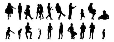 Vektör siluetleri, insanların ana hatları, Contour çizimleri, insanların siluetleri, ikon kümesi izole edilmiş, oturan insanların silueti, mimari set